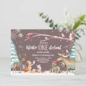 ウィンターワンダーランドウッドランドピンク誕生日 招待状 (スタンド正面)