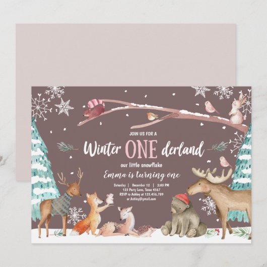 ウィンターワンダーランドウッドランドピンク誕生日 招待状 (正面/裏面)