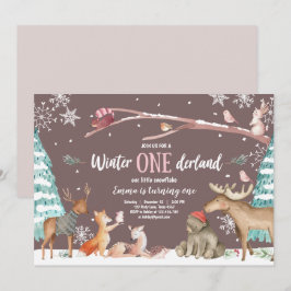 ウィンターワンダーランドウッドランドピンク誕生日 招待状