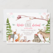 ウィンターワンダーランドウッドランドピンク誕生日 招待状 (正面)