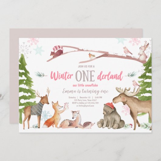 ウィンターワンダーランドウッドランドピンク誕生日 招待状 (正面/裏面)