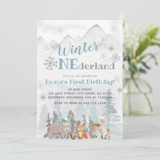 ウィンターワンダーランドウッドランドフォレストアニマルズ誕生日 招待状 (スタンド正面)