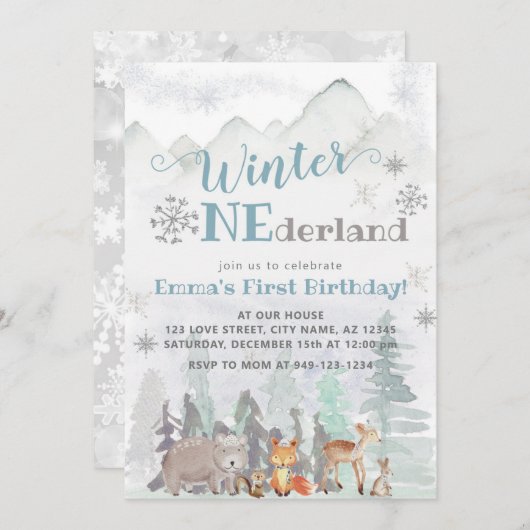 ウィンターワンダーランドウッドランドフォレストアニマルズ誕生日 招待状 (正面/裏面)