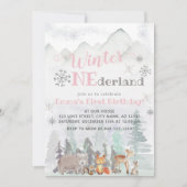 ウィンターワンダーランドウッドランドフォレストアニマルズ誕生日 招待状 (正面)