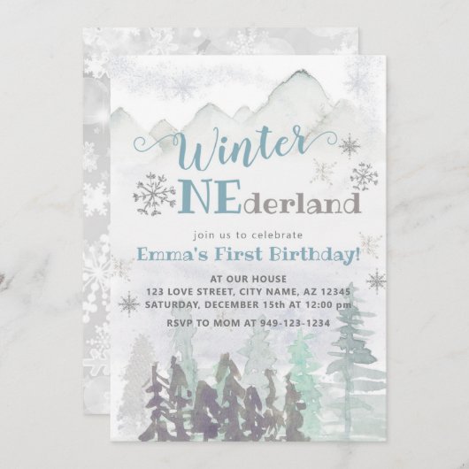 ウィンターワンダーランドウッドランドフォレスト誕生日 招待状 (正面/裏面)