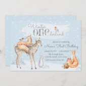 ウィンターワンダーランドウッドランドボーイガールファースト誕生日 招待状 (正面/裏面)