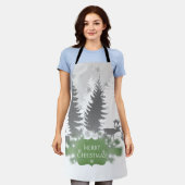 ウィンターワンダーランドオールオーバープリントエプロン – 緑 エプロン (着用した状態)