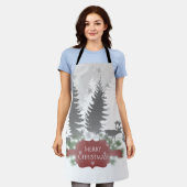 ウィンターワンダーランドオールオーバープリントエプロン – 赤 エプロン (着用した状態)