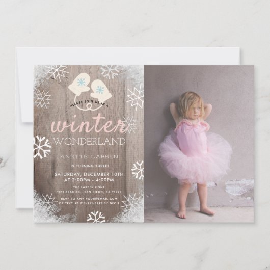 ウィンターワンダーランドガールフォト誕生日招待状 招待状 (正面)