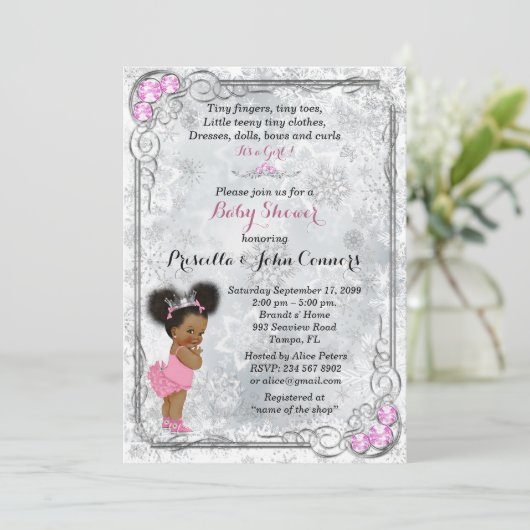 ウィンターワンダーランドガールベイビーシャワー招待状ピンク 招待状 (スタンド正面)