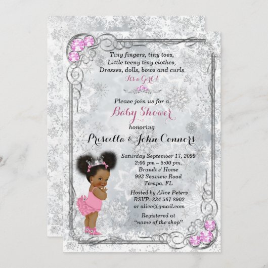 ウィンターワンダーランドガールベイビーシャワー招待状ピンク 招待状 (正面/裏面)