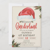 ウィンターワンダーランドクリスマスサンタハット誕生日 招待状 (正面)