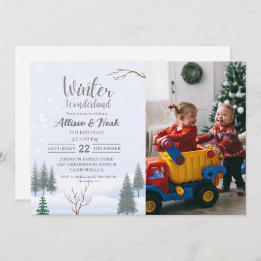 ウィンターワンダーランドクリスマスツインバースデーパーティー 招待状 (正面/裏面)