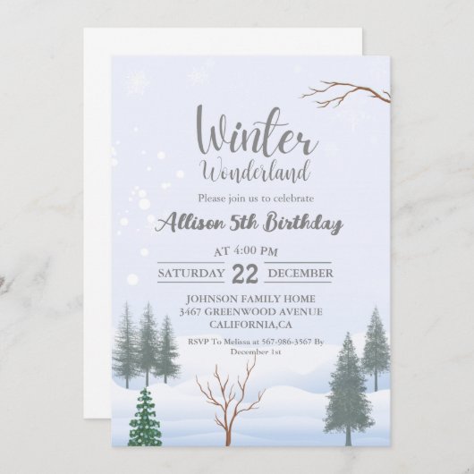 ウィンターワンダーランドクリスマス誕生日ホリデーパーティー 招待状 (正面/裏面)