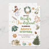 ウィンターワンダーランドグリーンクリスマス誕生日招待状 招待状 (正面/裏面)