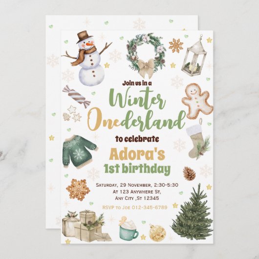 ウィンターワンダーランドグリーンクリスマス誕生日招待状 招待状 (正面/裏面)