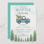 ウィンターワンダーランドグリーントラック誕生日パーティー 招待状 (正面/裏面)