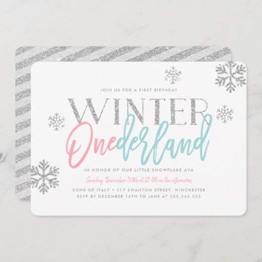 ウィンターワンダーランドシルバーのキラキラ輝く第1の誕生日 招待状 (正面/裏面)