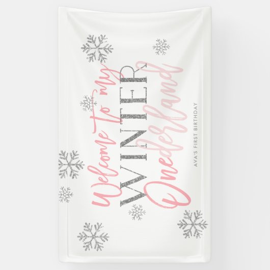 ウィンターワンダーランドシルバーグリッターピンクウェルカムサイン 横断幕 (縦)