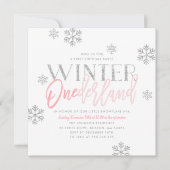 ウィンターワンダーランドシルバーグリッターピンク1歳の誕生日 招待状 (正面)