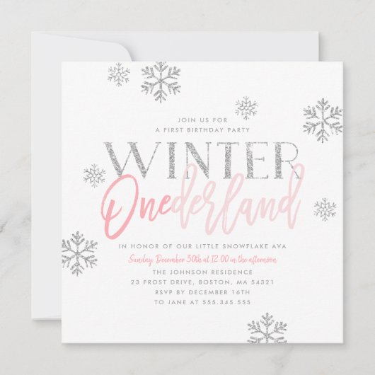 ウィンターワンダーランドシルバーグリッターピンク1歳の誕生日 招待状 (正面)
