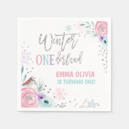 ウィンターワンダーランドシルバーピンクフローラスノーフレーク スタンダードカクテルナプキン