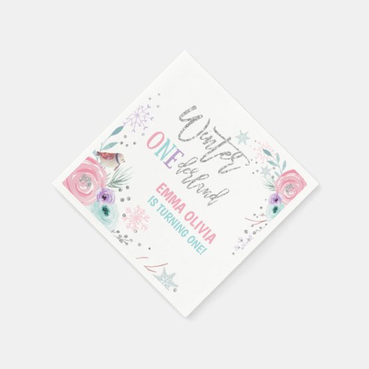 ウィンターワンダーランドシルバーピンクフローラスノーフレーク スタンダードカクテルナプキン (角)