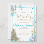 ウィンターワンダーランドシルバーブルー&金ゴールド1st誕生日 招待状 (正面)