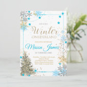 ウィンターワンダーランドシルバーブルー&金ゴールド1st誕生日 招待状 (スタンド正面)