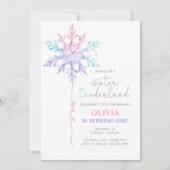 ウィンターワンダーランドスノーフレークガールファースト誕生日 招待状 (正面)