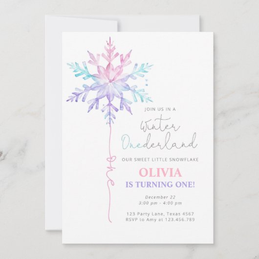 ウィンターワンダーランドスノーフレークガールファースト誕生日 招待状 (正面)