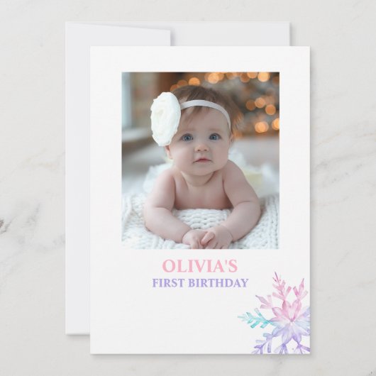 ウィンターワンダーランドスノーフレークガールファースト誕生日 招待状 (裏面)