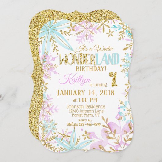 ウィンターワンダーランドスノーフレークスパークル誕生日 招待状 (正面/裏面)