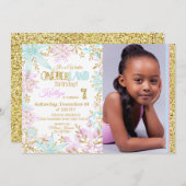 ウィンターワンダーランドスノーフレークスパークル誕生日 招待状 (正面/裏面)