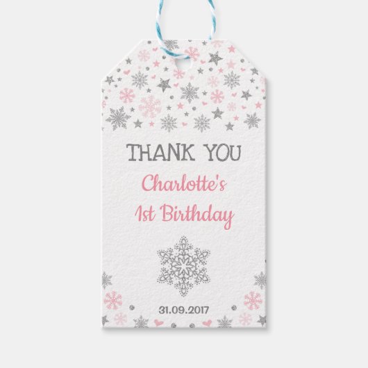 ウィンターワンダーランドスノーフレークスピンクシルバー誕生日 ギフトタグ (正面)