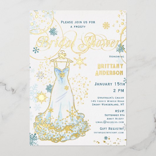 ウィンターワンダーランドスノーフレークドレスブライダルシャワー 箔招待状 (正面)