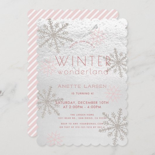 ウィンターワンダーランドスノーフレークピンクガール誕生日 招待状 (正面/裏面)