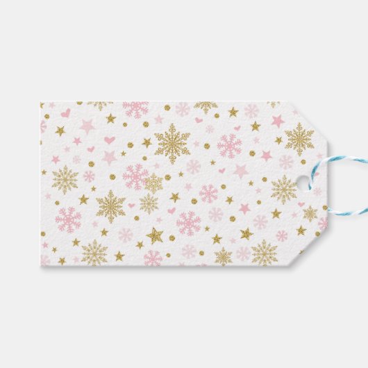 ウィンターワンダーランドスノーフレークピンク金ゴールド誕生日 ギフトタグ (正面(横))