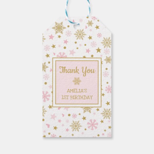 ウィンターワンダーランドスノーフレークピンク金ゴールド誕生日 ギフトタグ (裏面)