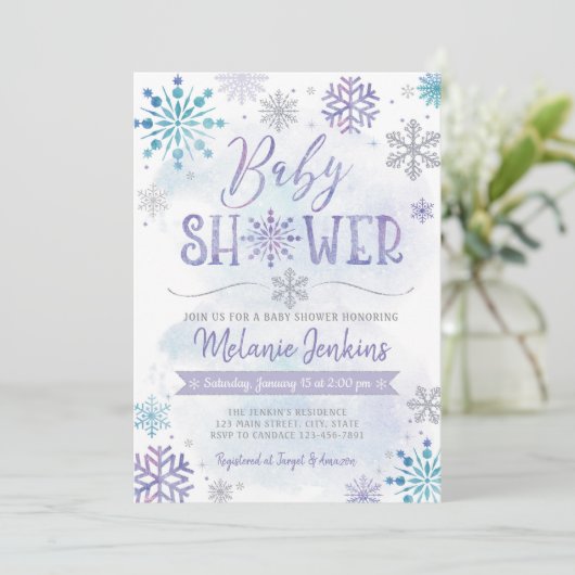 ウィンターワンダーランドスノーフレークベビーシャワー招待状 招待状 (スタンド正面)