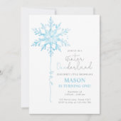 ウィンターワンダーランドスノーフレークボーイファースト誕生日 招待状 (正面)