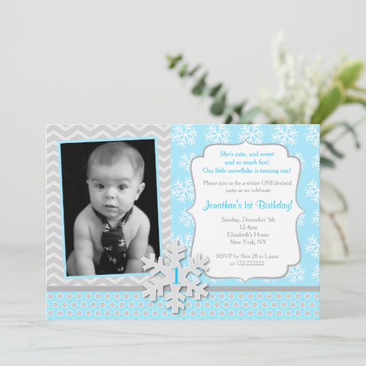 ウィンターワンダーランドスノーフレーク誕生日招待状 招待状 (スタンド正面)