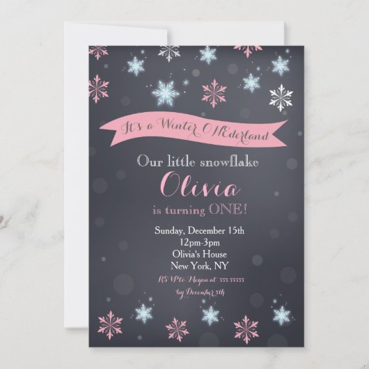 ウィンターワンダーランドスノーフレーク誕生日招待状 招待状 (正面)