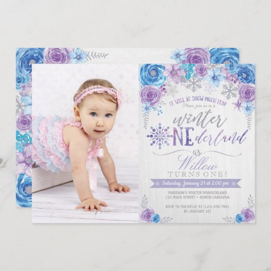 ウィンターワンダーランドスノーフレーク誕生日招待状 招待状 (正面/裏面)