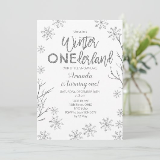 ウィンターワンダーランドスノーフレーク誕生日招待状 招待状 (スタンド正面)
