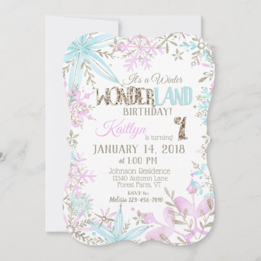 ウィンターワンダーランドスノーフレーク誕生日 招待状 (正面)