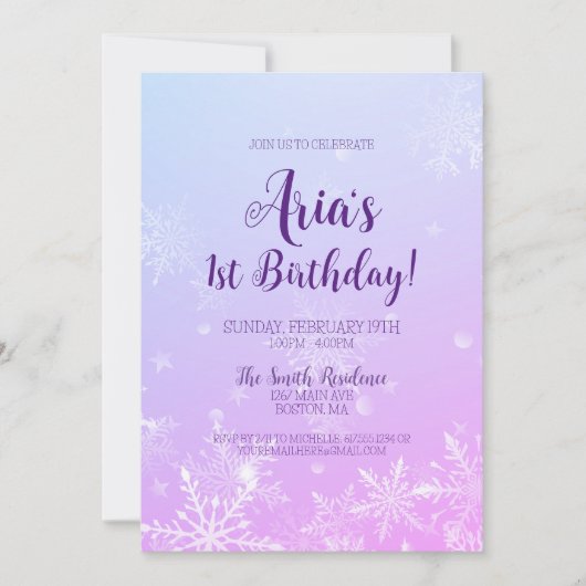 ウィンターワンダーランドスノーフレーク1st誕生日 招待状 (正面)