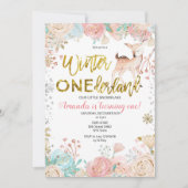 ウィンターワンダーランドスノー誕生日招待状ピンク 招待状 (正面)