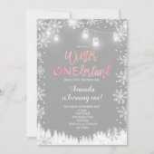 ウィンターワンダーランドスノー誕生日招待状ピンク 招待状 (正面)