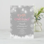 ウィンターワンダーランドスノー誕生日招待状ピンク 招待状 (スタンド正面)